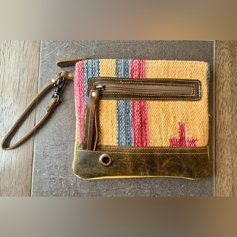 Myra Bag Southwestern Woven Cowhide Leather Zippered Wristlet
